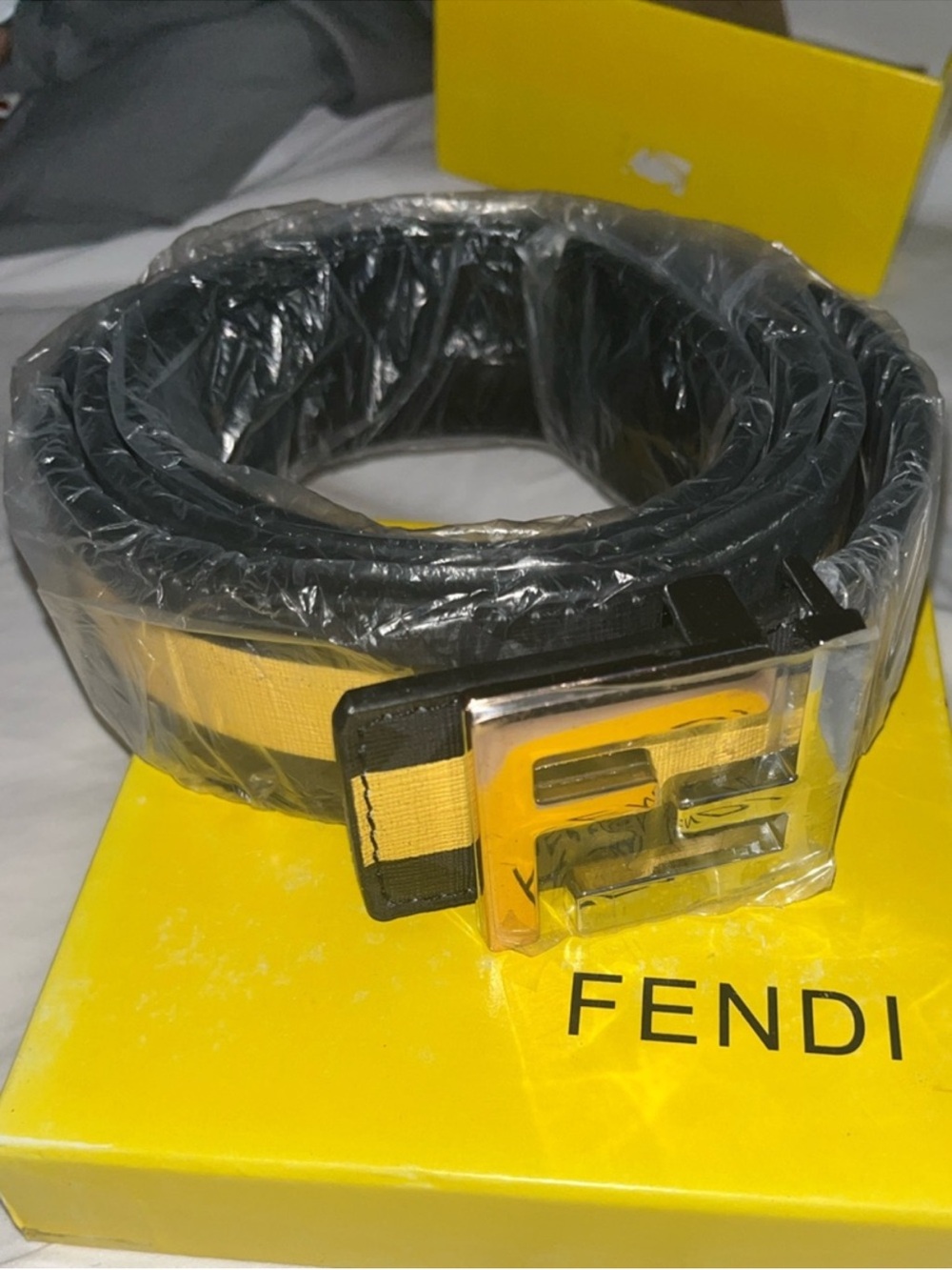 Fendi Black and Yellow FF Logo Buckle Reversible Belt